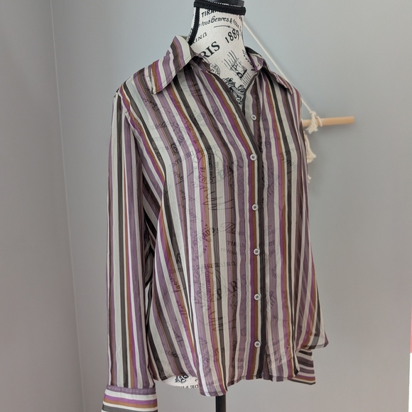 Vintage Suzy Shier Purple and Cream Striped Button Down Shirt Y2K 70s Style - Picture 2 of 3